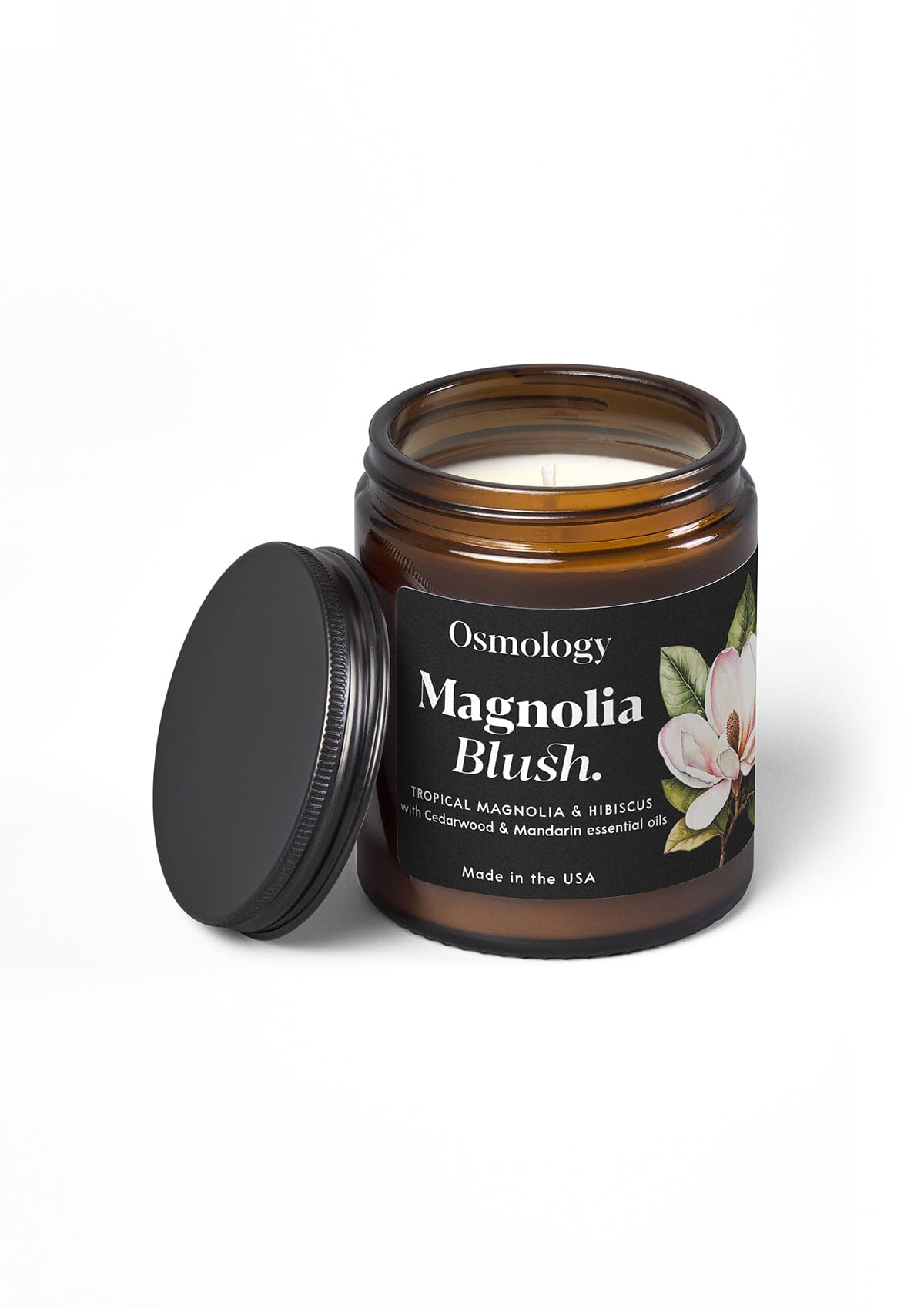 Magnolia Blush jar candle with lid by osmology displayed on white background