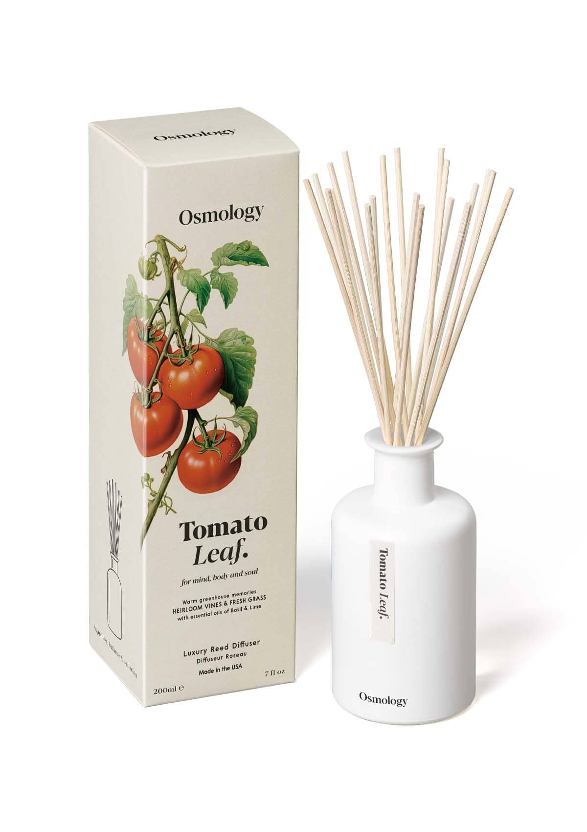 Tomato Leaf reed diffuser displayed next to product packaging on white background