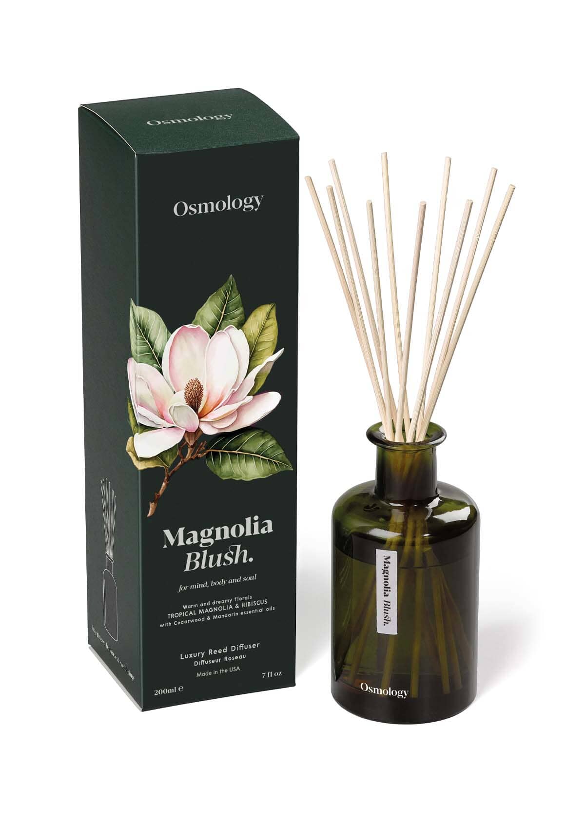 Magnolia Blush diffuser by Aery displayed next to product packaging on white background 