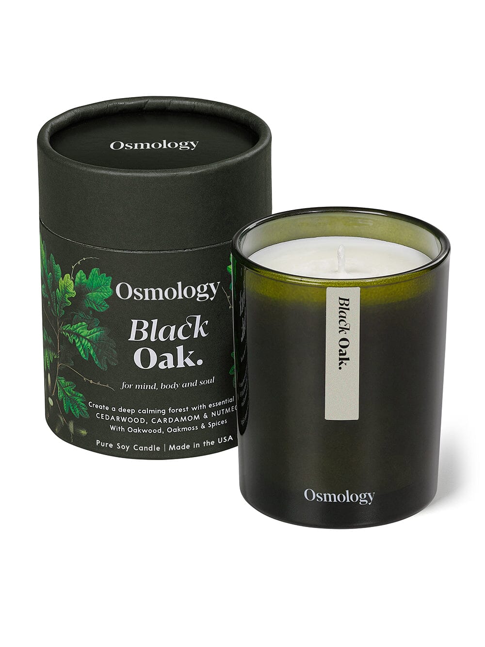 Osmology Black Oak candle displayed with decorative product packaging on white background