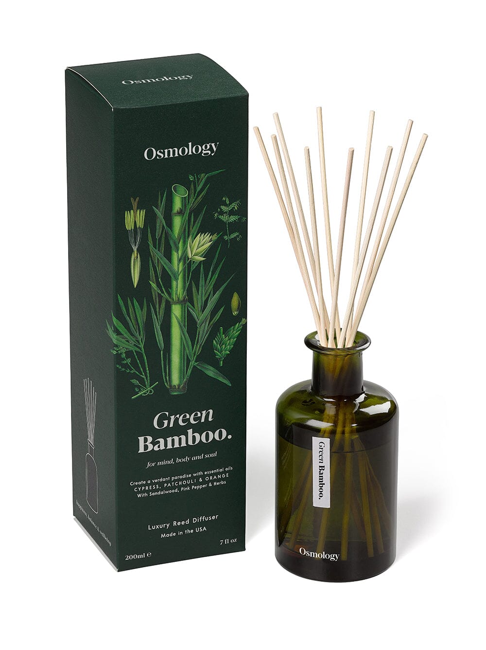 Osmology Green Bamboo reed diffuser with product packaging on white background